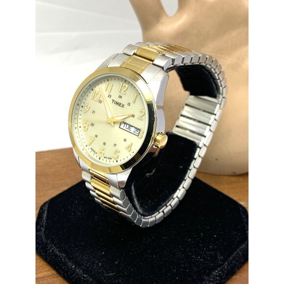 Timex Men's Watch T2M935 Quartz 36mm White Dial Indiglo Two Tone Stretched Band - Picture 2 of 14